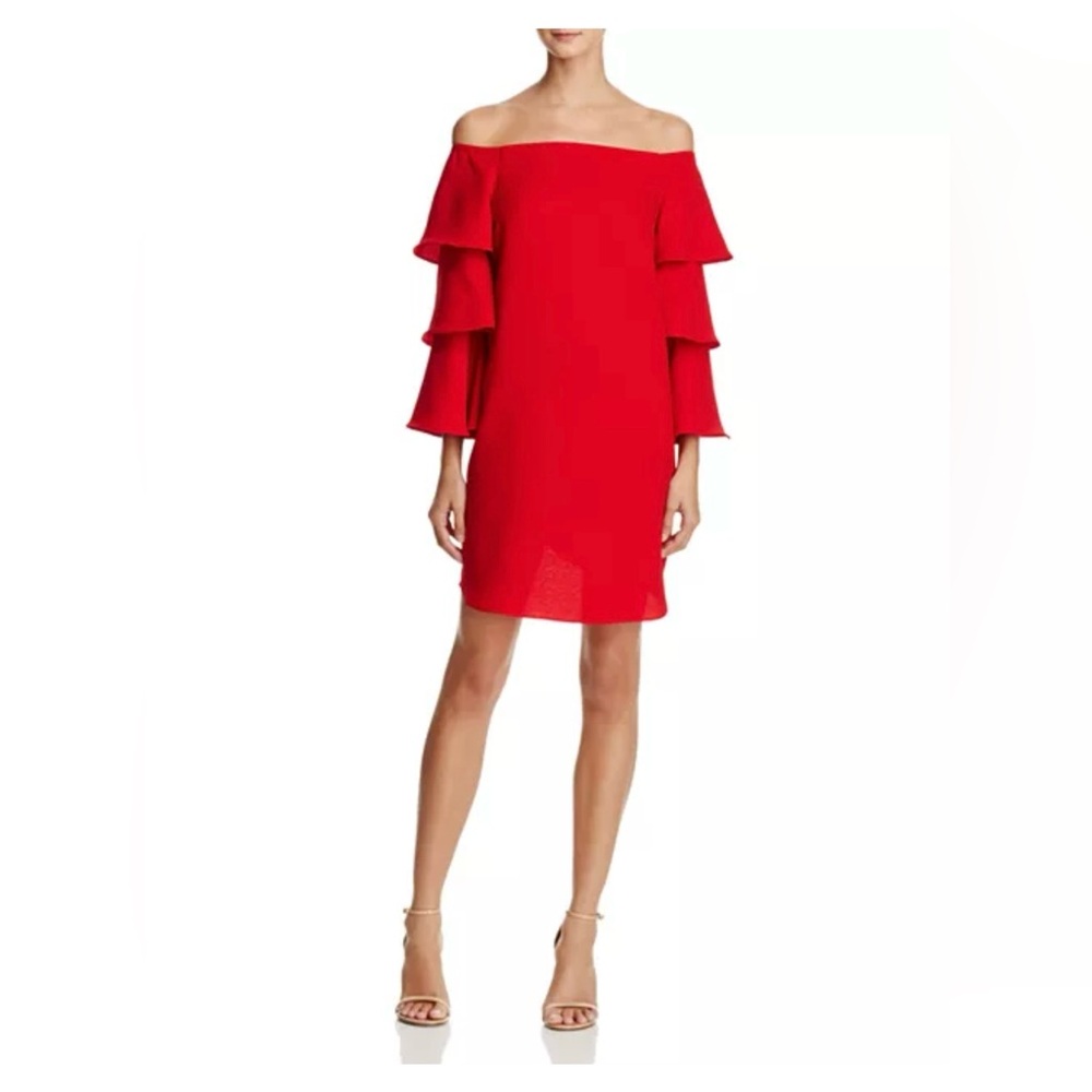 Nanette Lepore red riding hood hood off the shoulder cocktail dress